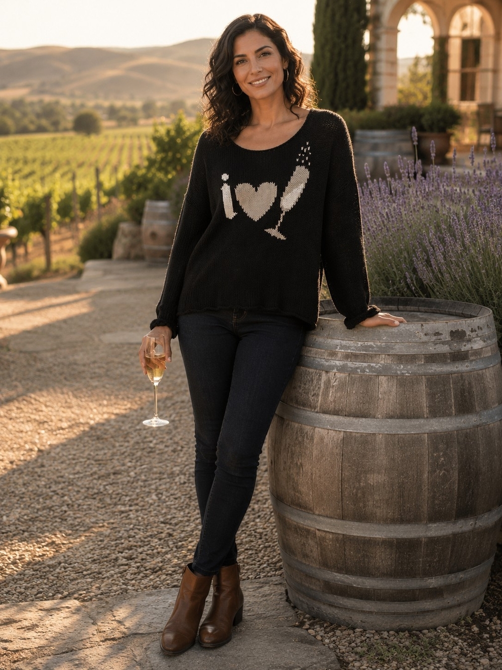 Wooden Ships I Love Champagne Open Knit Sweater Black S/M Cotton Blend